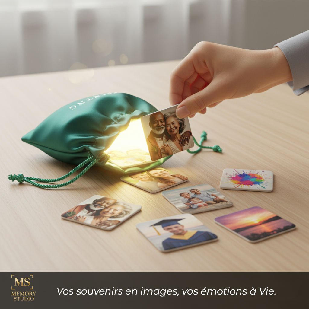 Magnet photo personnalisé MEMORY posé sur une table en bois, image divers magique