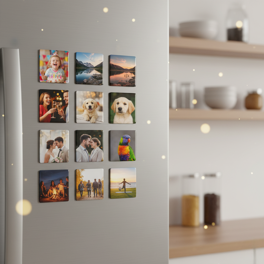 Magnet photo personnalisé MEMORY posé sur un frigo clair, image de bébé, mariage, animaux, paysage