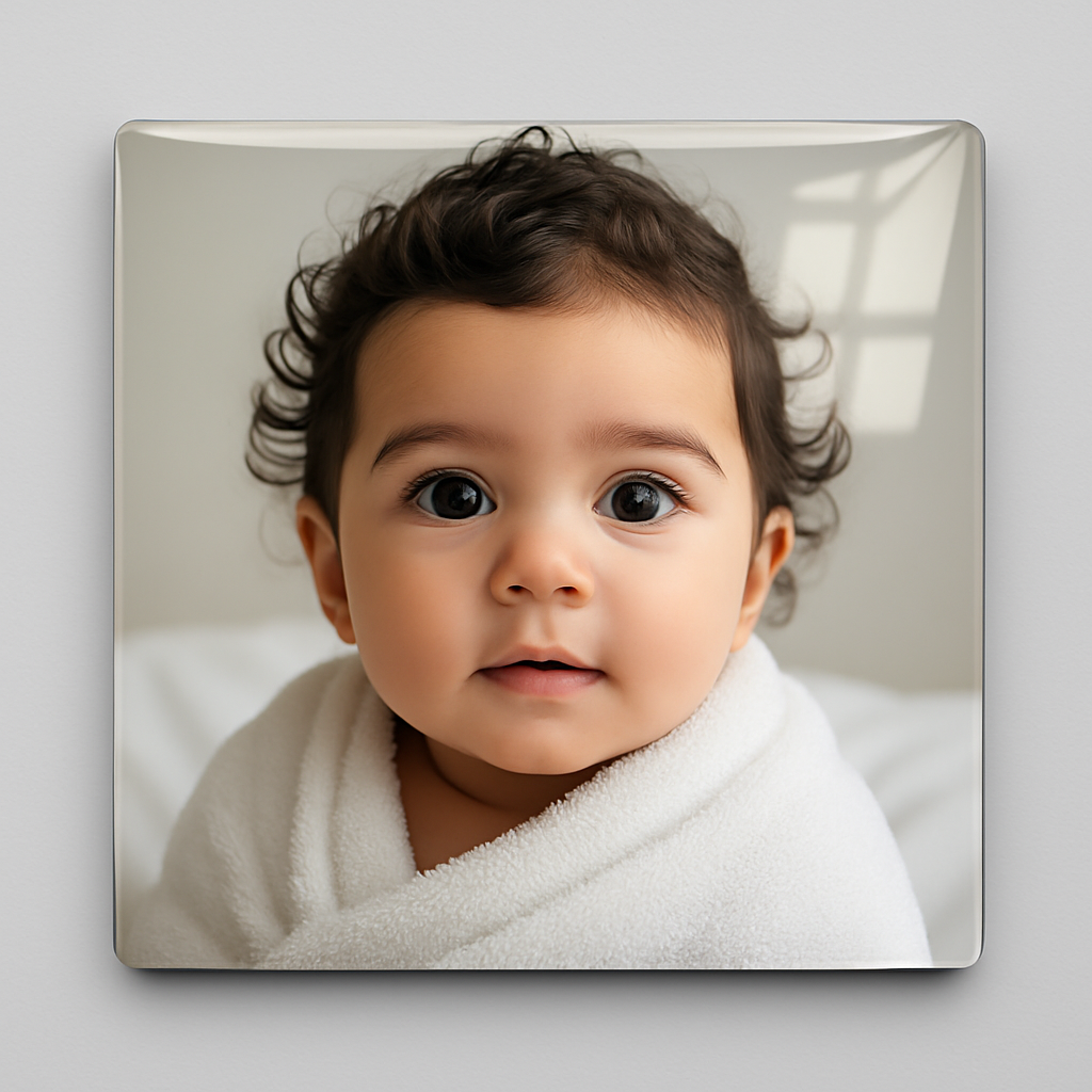 Magnet photo personnalisé MEMORY posé sur fond clair, image de bébé souriant