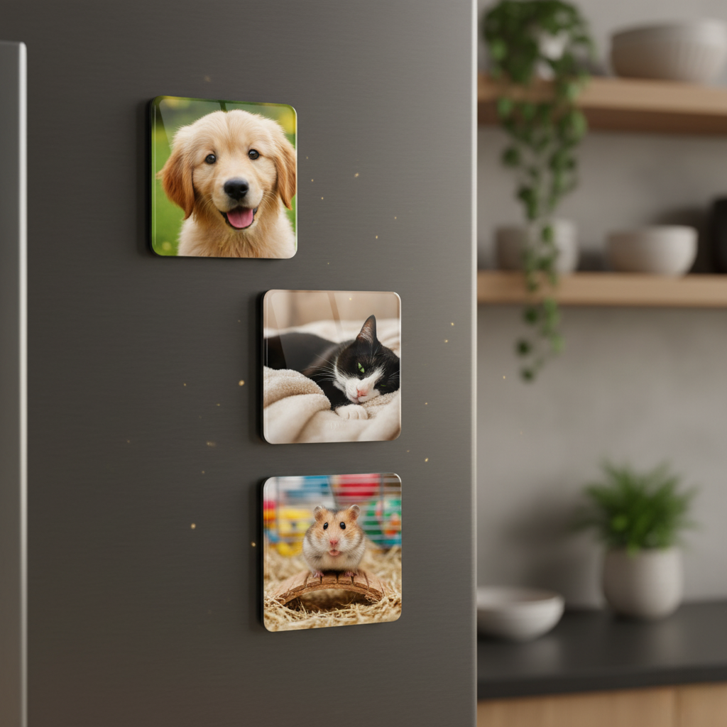 Magnet photo personnalisé MEMORY posé sur un frigo clair, image d'animaux