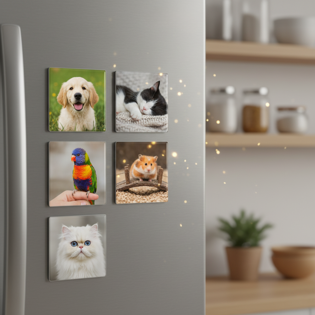 Magnet photo personnalisé MEMORY posé sur un frigo clair, images d'animaux