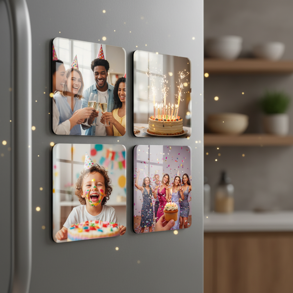 Magnet photo personnalisé MEMORY posé sur un frigo clair, image de bébé souriant, anniversaire