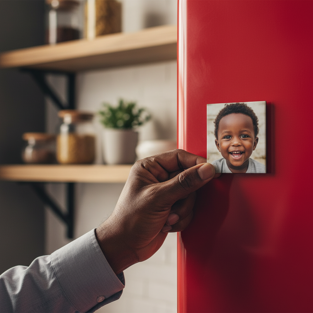 Magnet photo personnalisé MEMORY posé sur un frigo rouge, image de bébé souriant