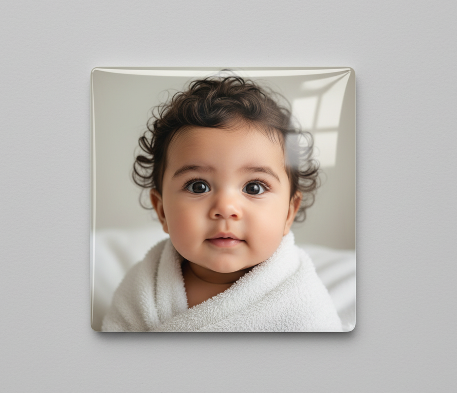 Magnet photo personnalisé MEMORY posé sur fond clair, image de bébé souriant