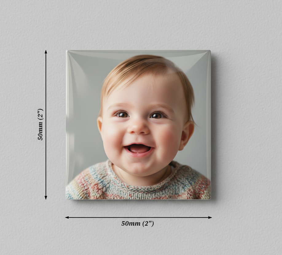 Magnet photo personnalisé MEMORY posé sur fond clair, image de bébé souriant