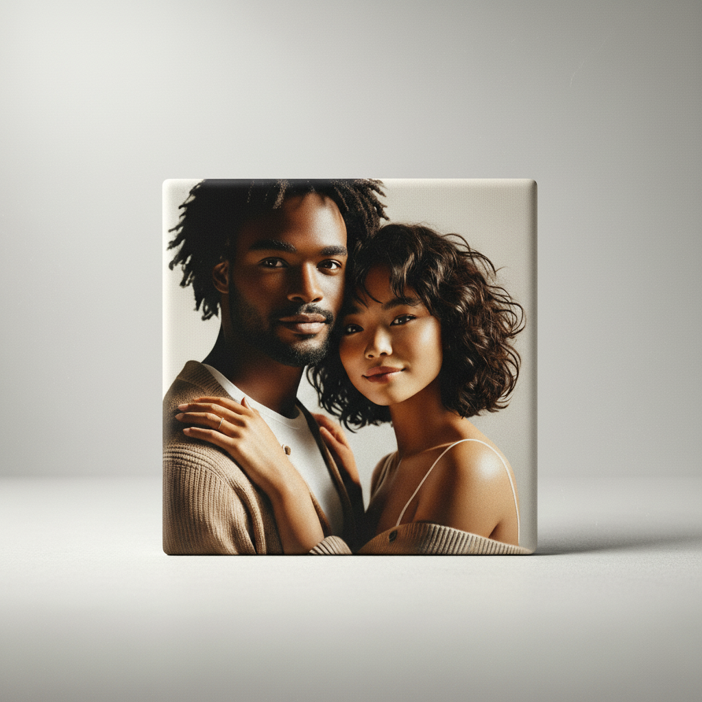 Magnet photo personnalisé MEMORY posé sur fond clair, image d'un couple