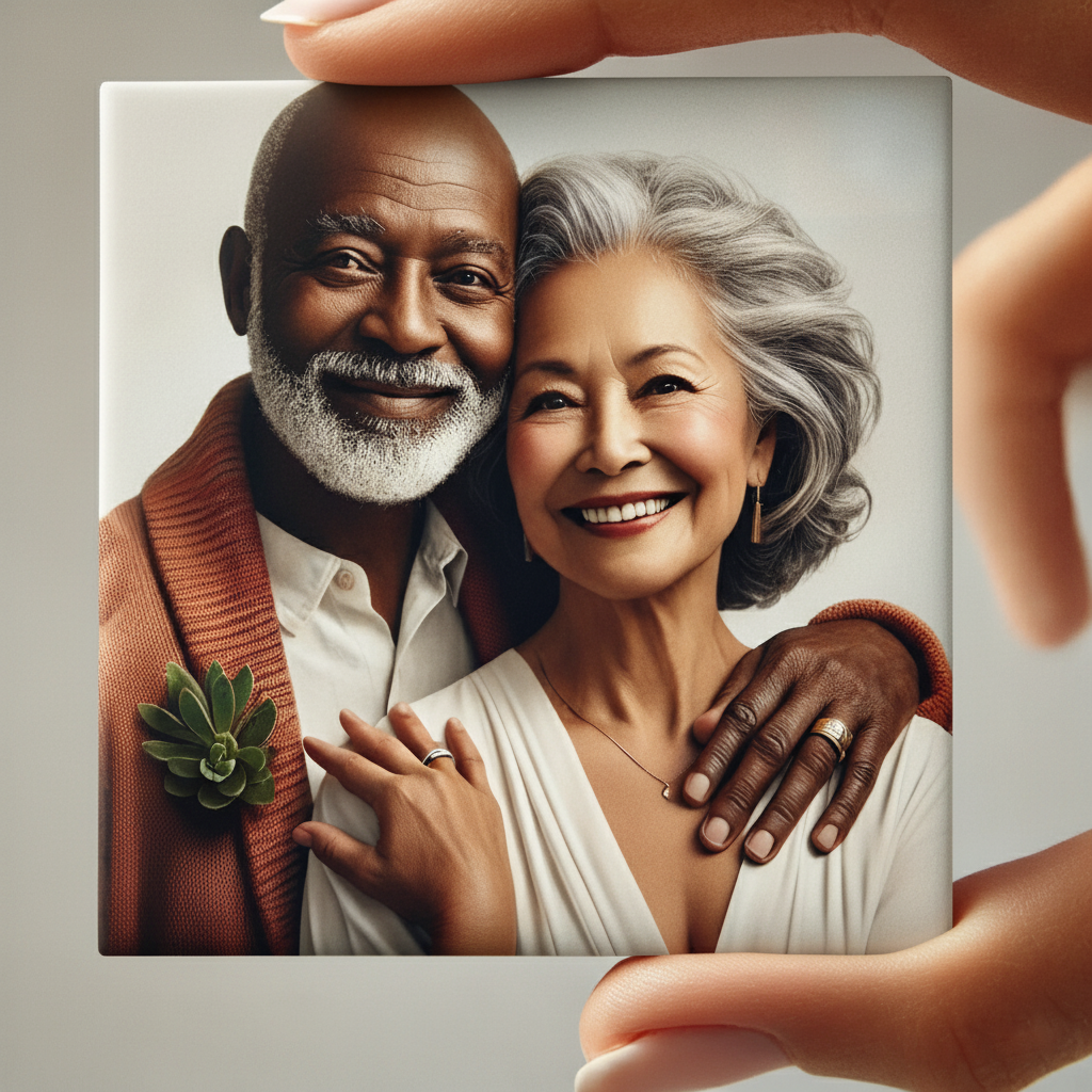 Magnet photo personnalisé MEMORY posé sur fond clair, image d'un couple senior