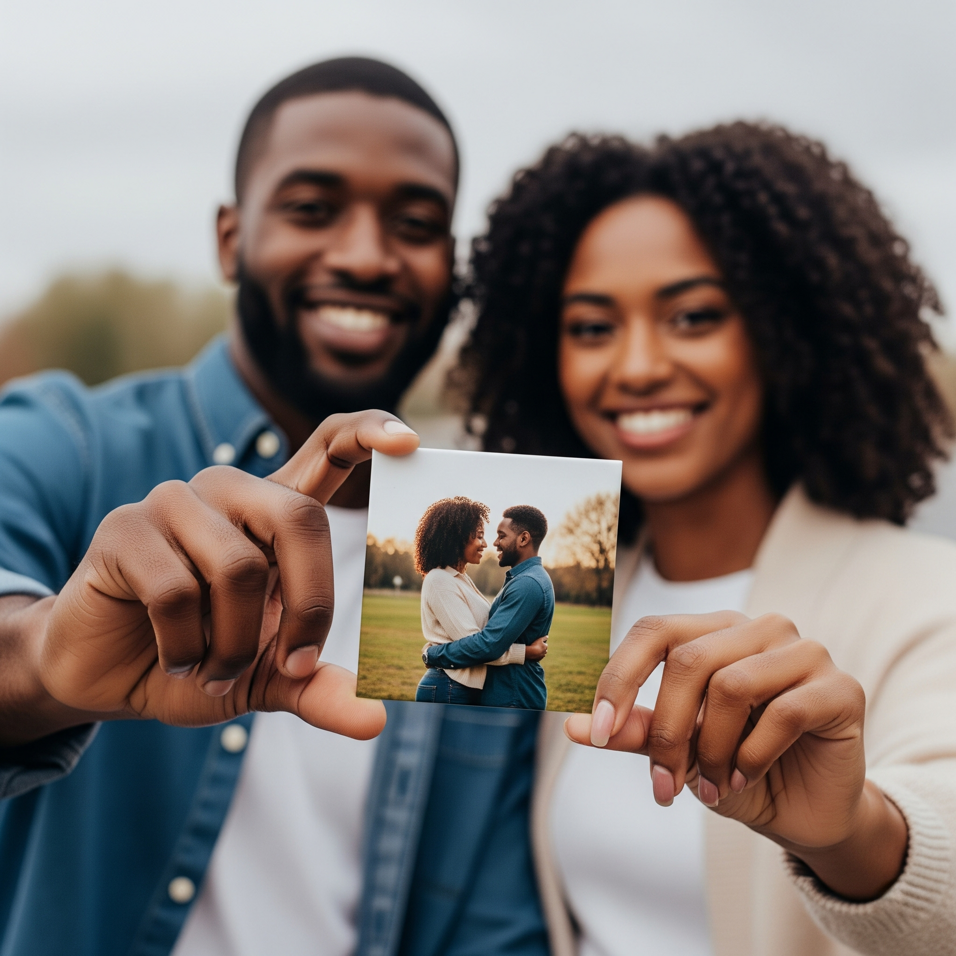 Magnet photo personnalisé MEMORY posé sur fond clair, image d'un couple afro