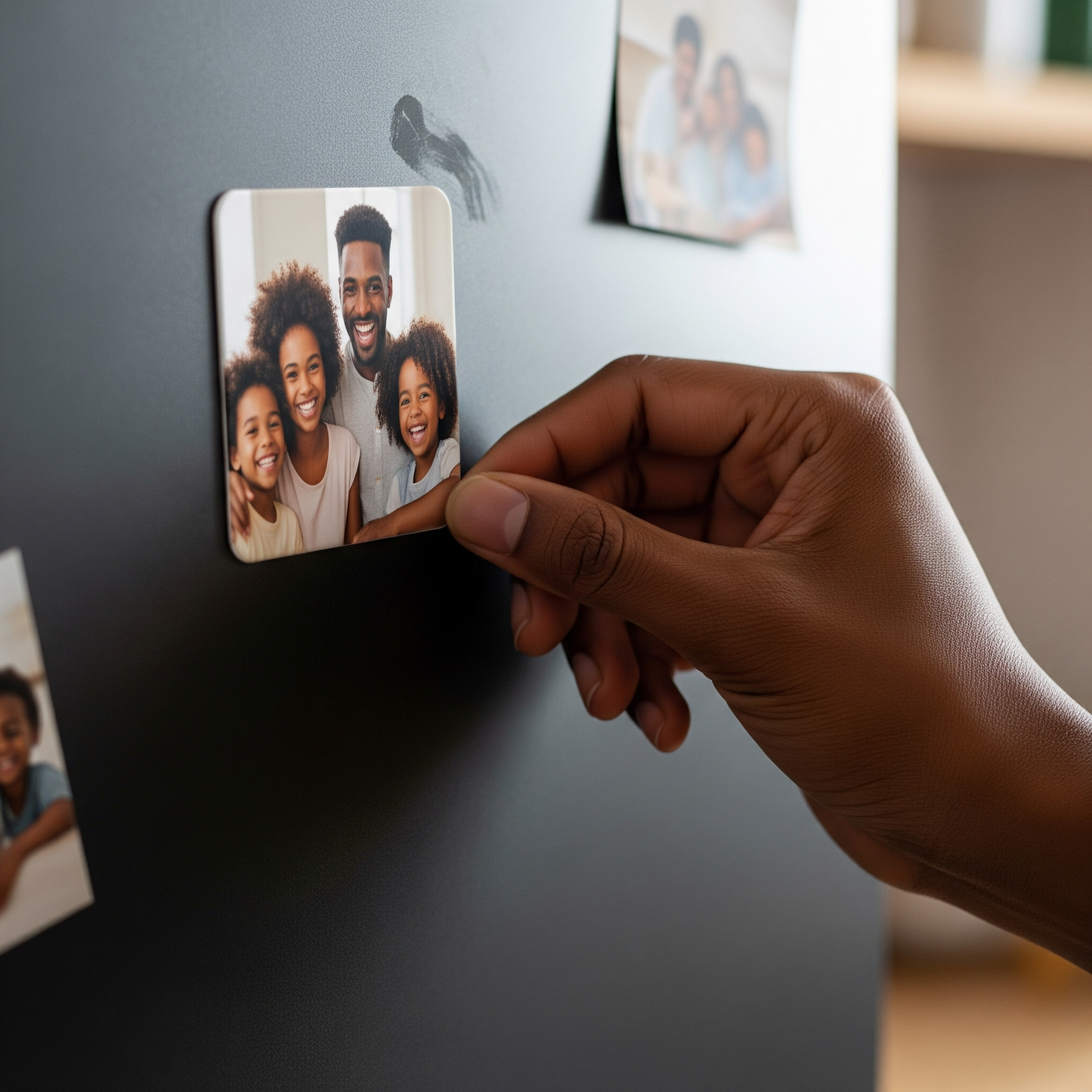 Magnet photo personnalisé MEMORY posé sur un frigo clair, image d'une famille afro