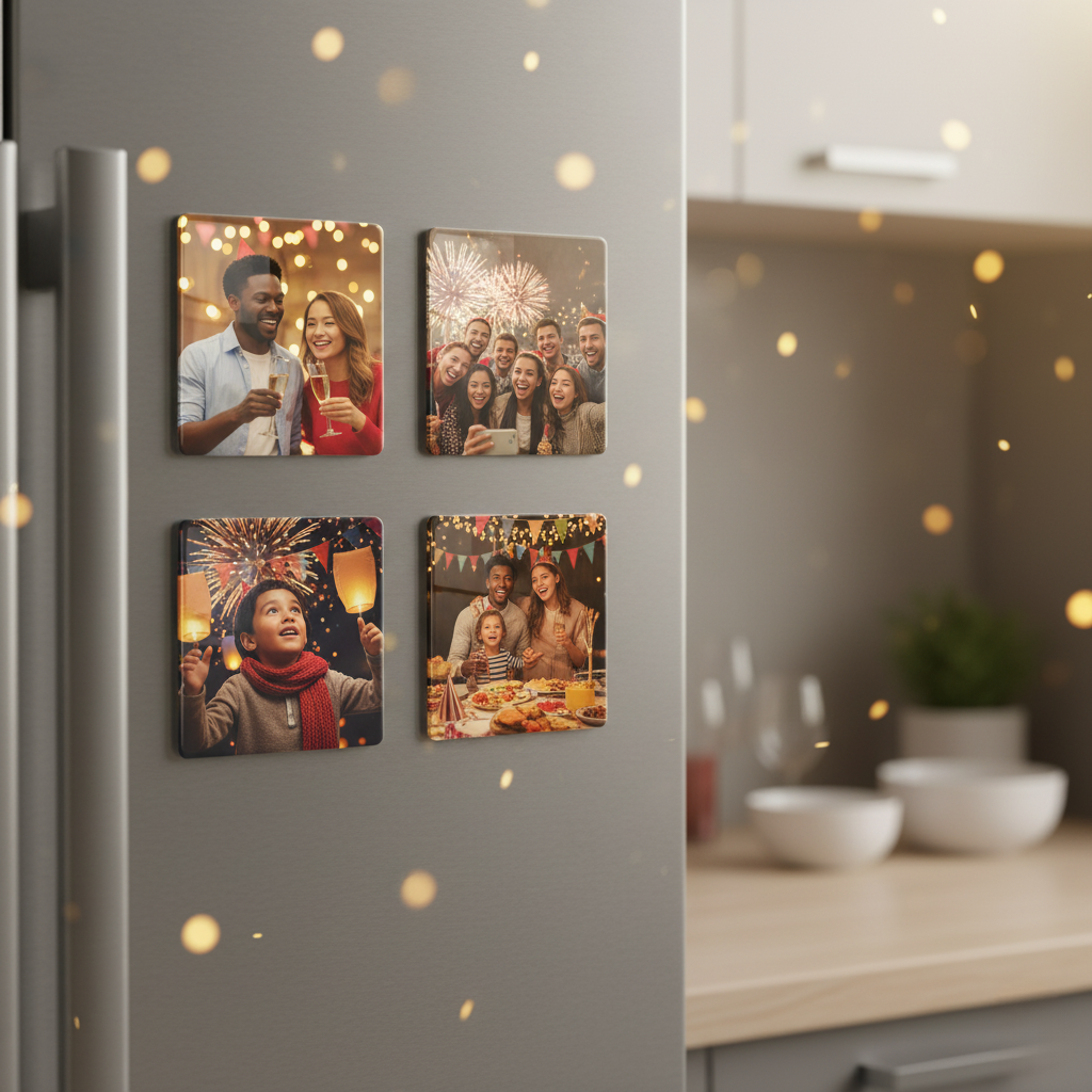 Magnet photo personnalisé MEMORY posé sur un frigo clair, images de fêtes, anniversaires