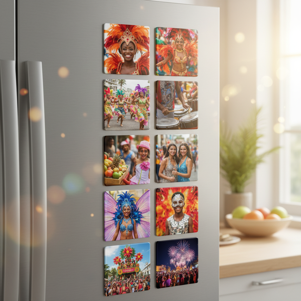Magnet photo personnalisé MEMORY posé sur un frigo clair, image de carnaval festif