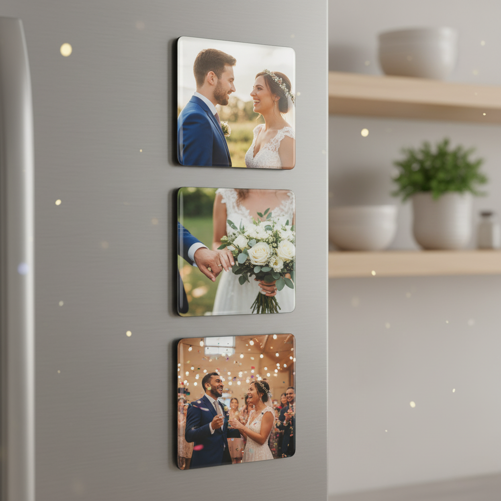 Magnet photo personnalisé MEMORY posé sur un frigo clair, image de mariage