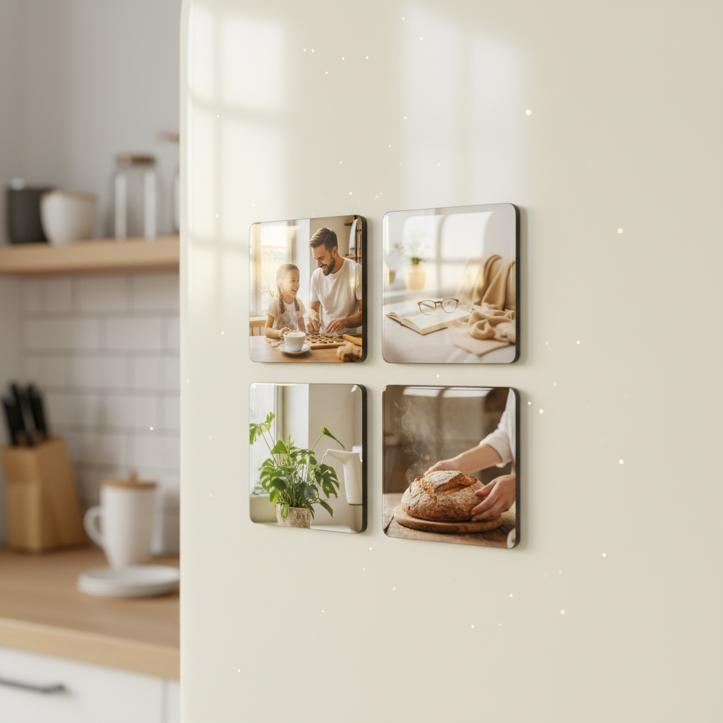 Magnet photo personnalisé MEMORY posé sur frigo clair, image de vie quotidienne