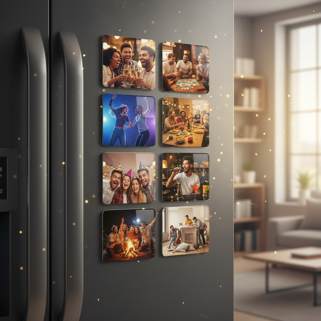 Magnet photo personnalisé MEMORY posé sur fond clair, images amies, soirées, concert